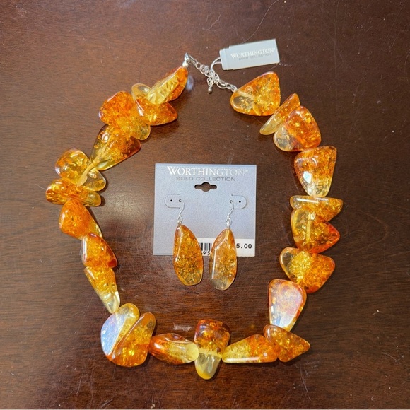 Worthington Jewelry - VTG Worthington Bold Collection Necklace & Earrings Set Baltic Amber Look NWT